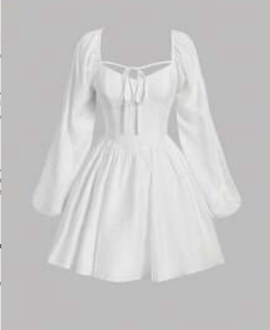 Robe Blanche Noeud Bretelle Avant Manches Lanterne