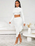 Ensemble 2 pièces pour femmes, haut court blanc et jupe à ourlet irrégulier, Style anniversaire/saint-valentin, avec ourlet à volants