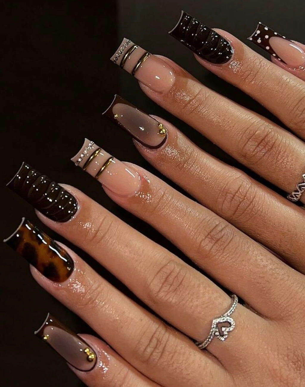 Press-On Nails Marron Chocolat & Or | Faux Ongles Réutilisables