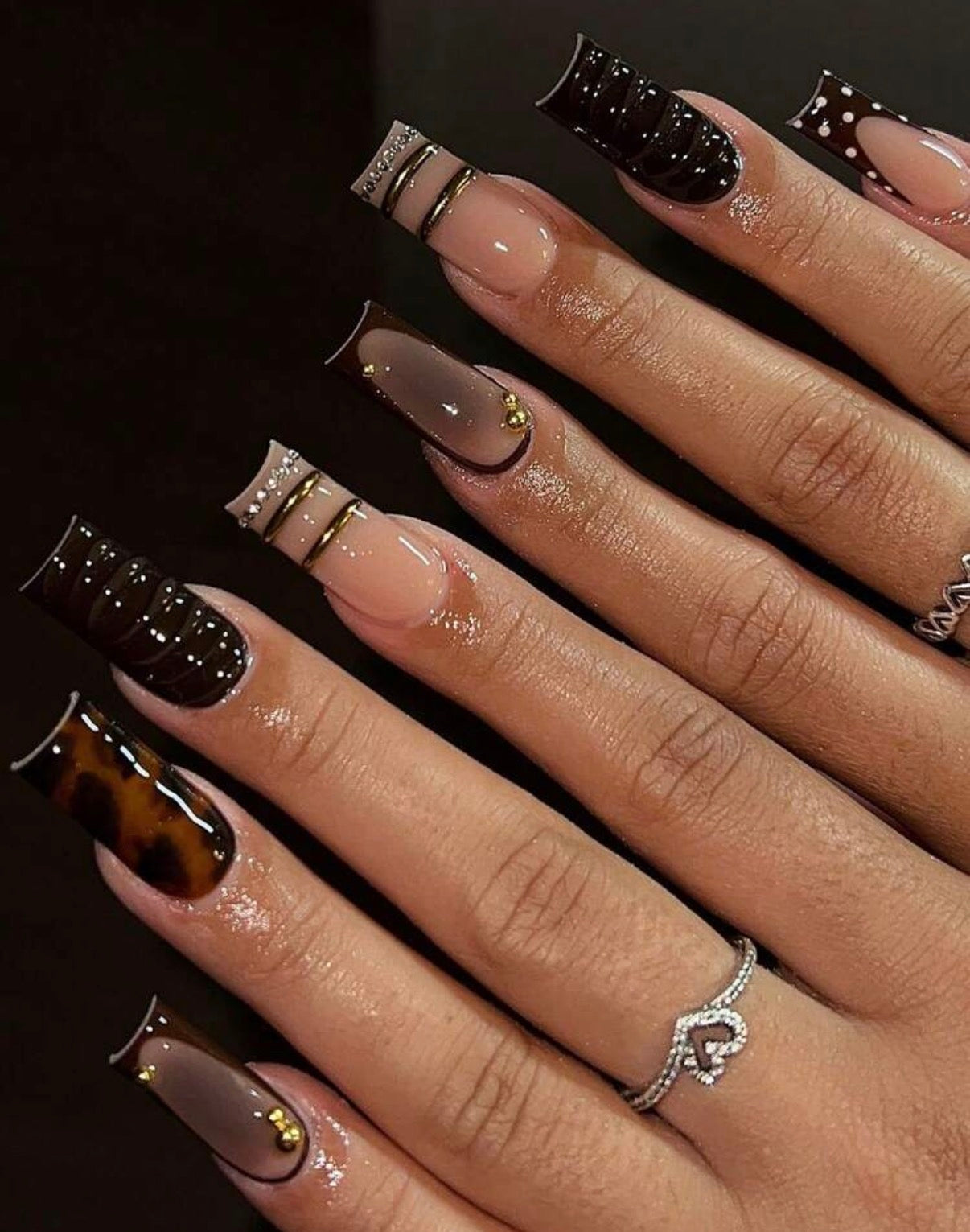 Press-On Nails Marron Chocolat & Or | Faux Ongles Réutilisables