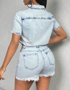 Combishort En Jean À Rabat À Bouton À Ourlet Effiloché