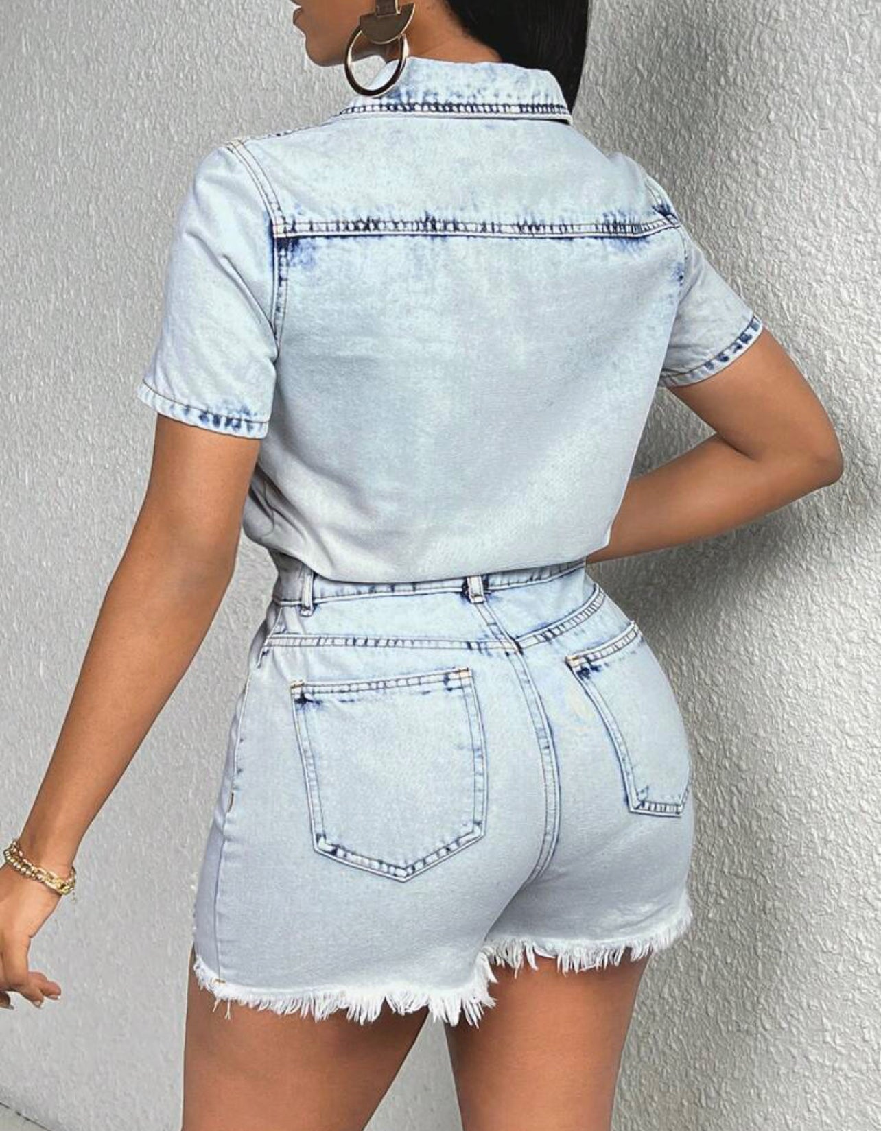 Combishort En Jean À Rabat À Bouton À Ourlet Effiloché