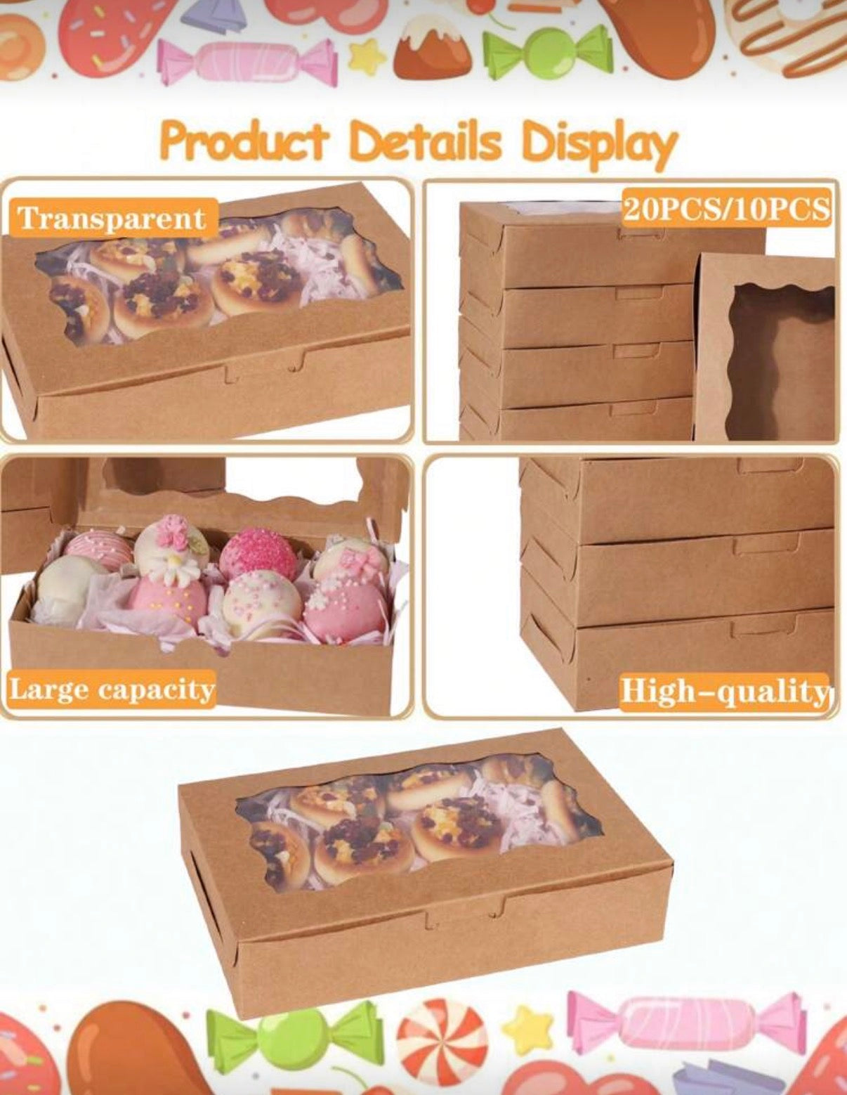 Lot de 20 Boîtes à Pâtisserie avec Fenêtre – Design Élégant pour Beignets, Biscuits et Cupcakes
