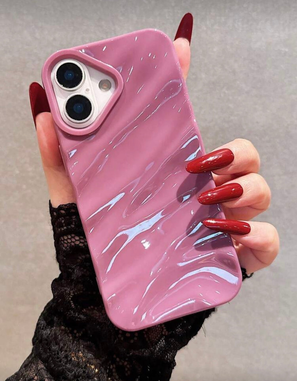 iPhone “Wavy Gloss” Dusty-Pink Case – 3D Mirror Wave Effect