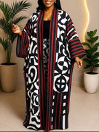 Kimono Long Imprimé Graphique Black & Burgundy – Kimono Flow Elegant