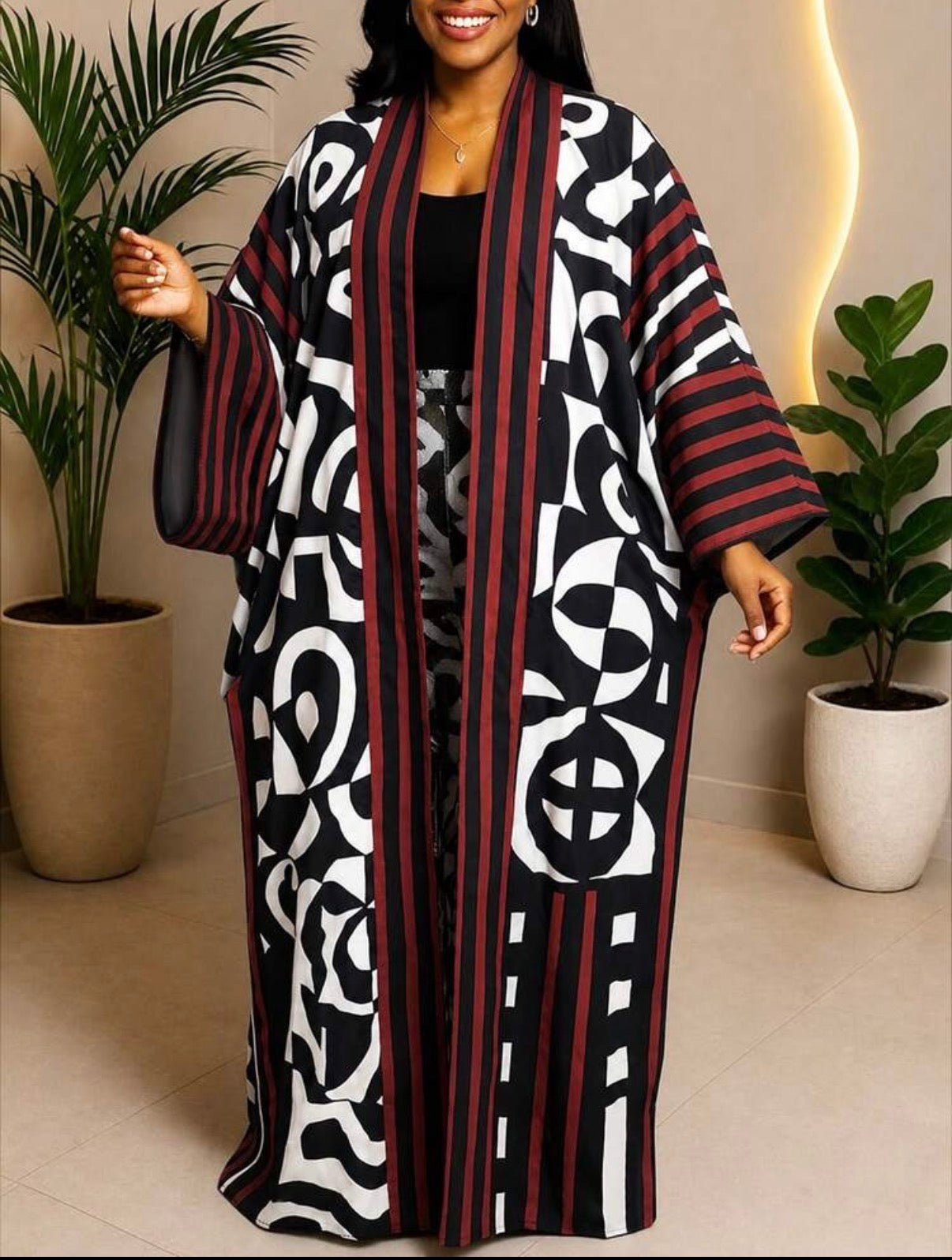 Kimono Long Imprimé Graphique Black & Burgundy – Kimono Flow Elegant