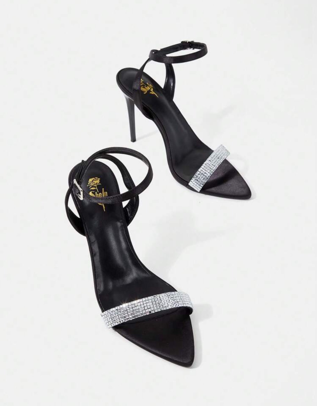 Black Heeled Sandals with Sparkling Rhinestones