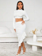 Ensemble 2 pièces pour femmes, haut court blanc et jupe à ourlet irrégulier, Style anniversaire/saint-valentin, avec ourlet à volants