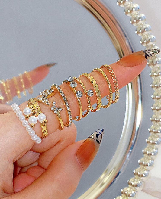 9 pièces/ensemble bague décorative en strass et fausses perles