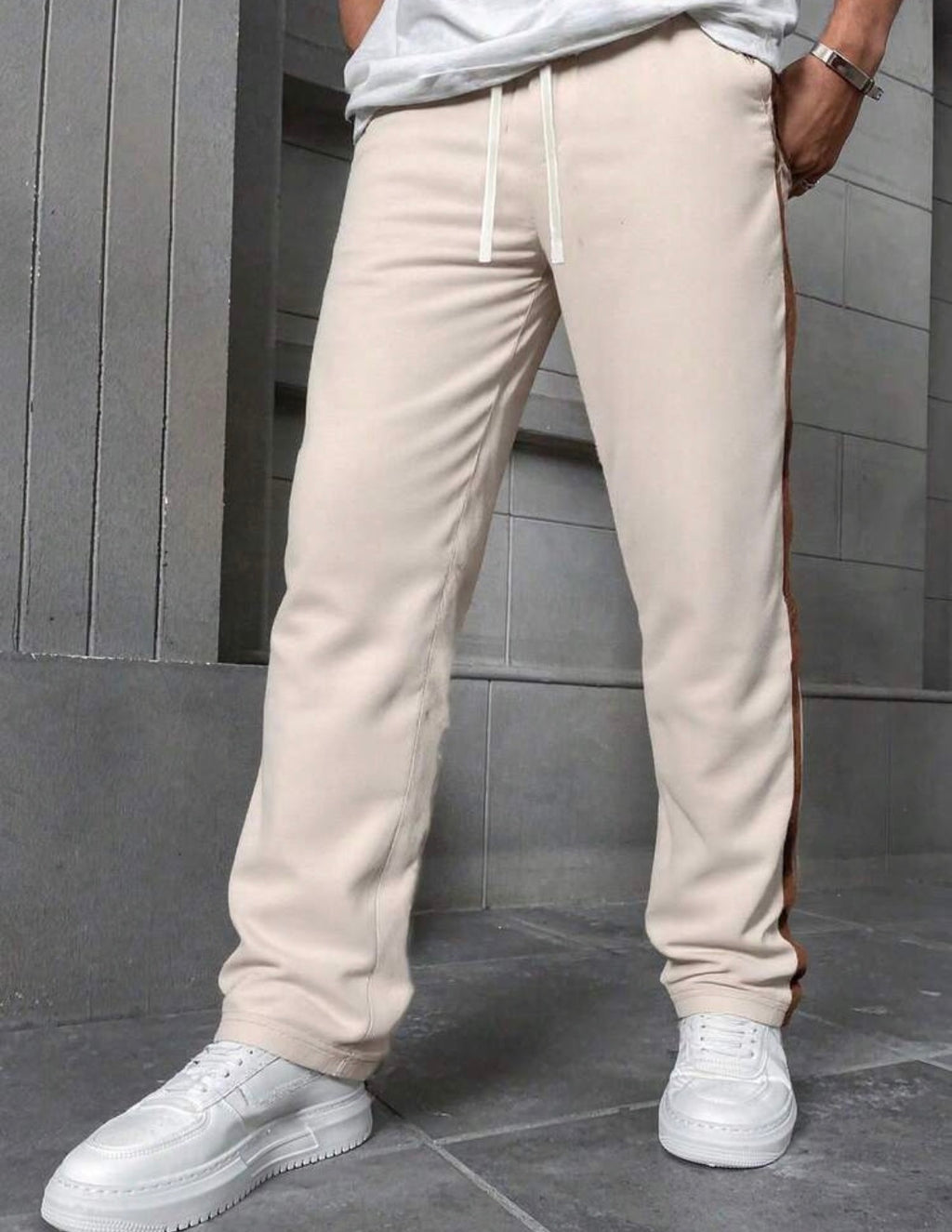 Pantalon Jogger Premium Beige à Bandes Contrastées