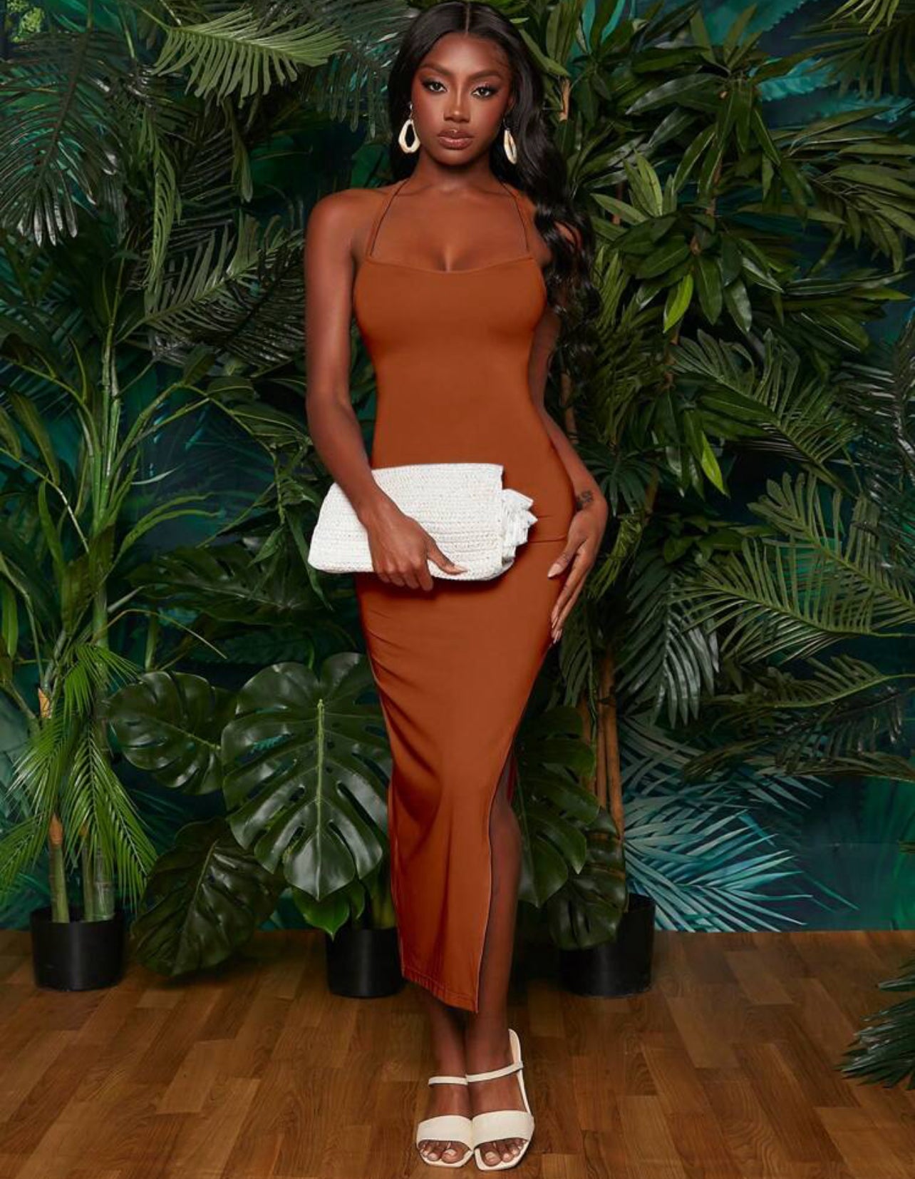 Bodycon Dress with Thin Straps, Backless, Lace-up, Slit