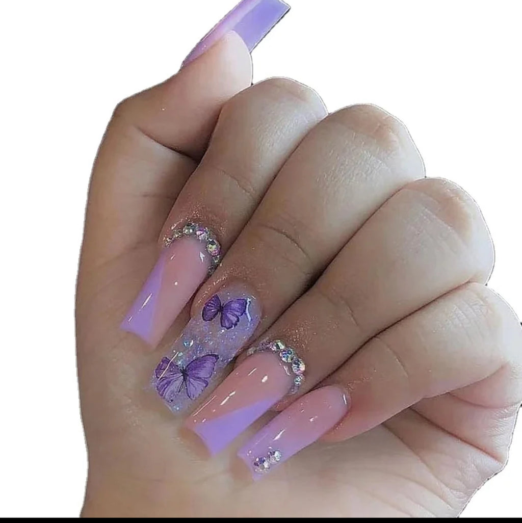 Faux Ongles Nude avec Strass Papillon