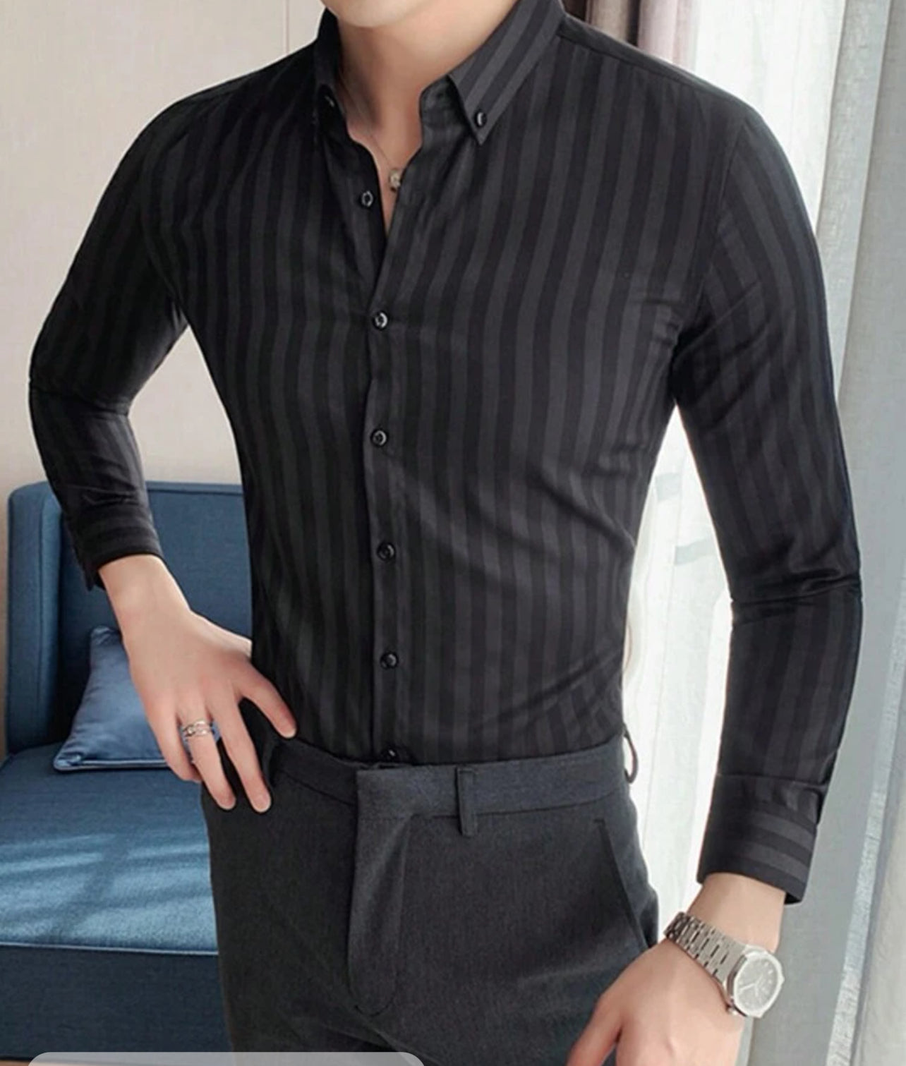 Manfinity Mode Chemise Rayée À Manches Longues Pour Hommes