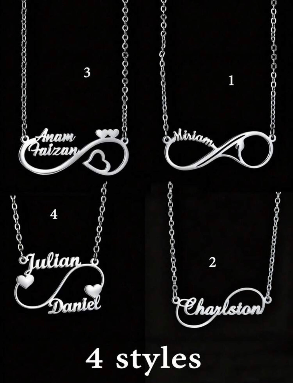 Collier Infinity Personnalisé avec Deux Noms et Cœurs