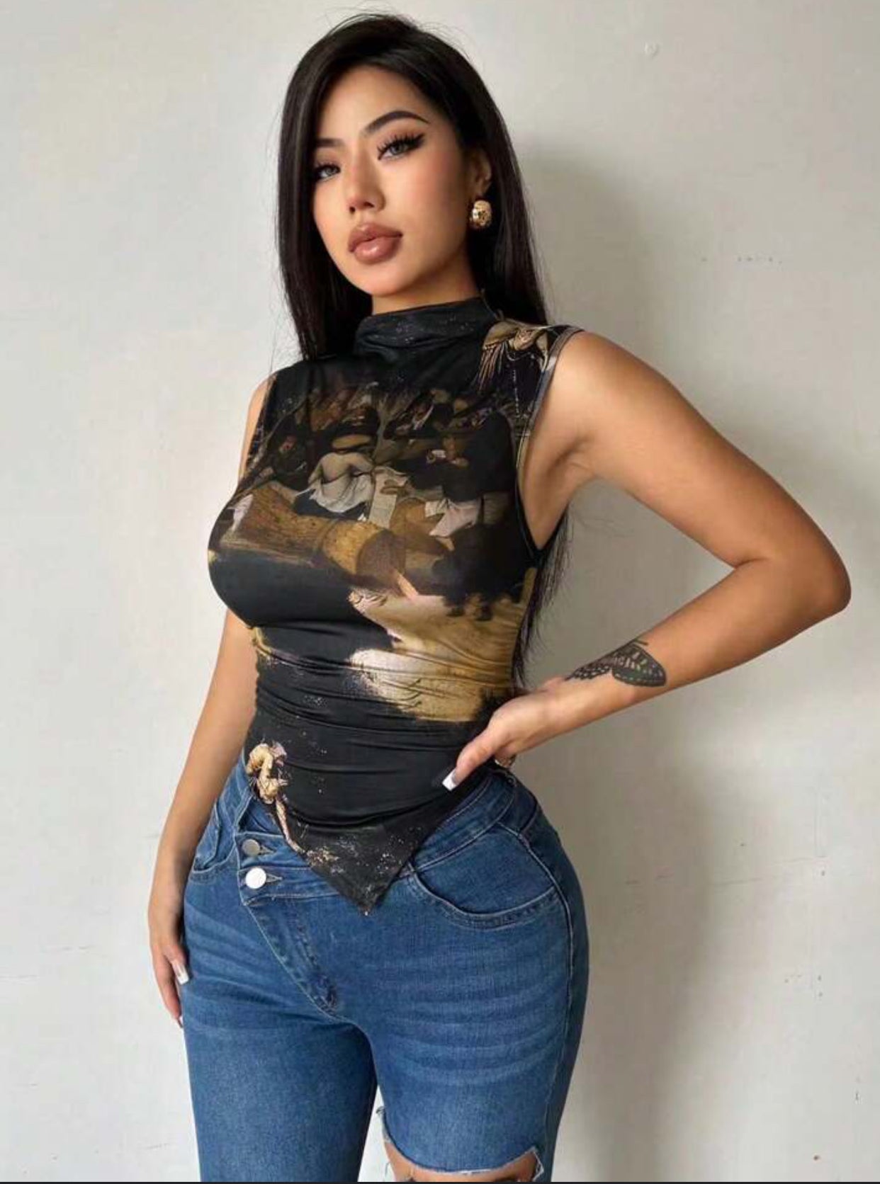 Débardeur Plissé À Col Montant Imprimé Personnage Pour Femme