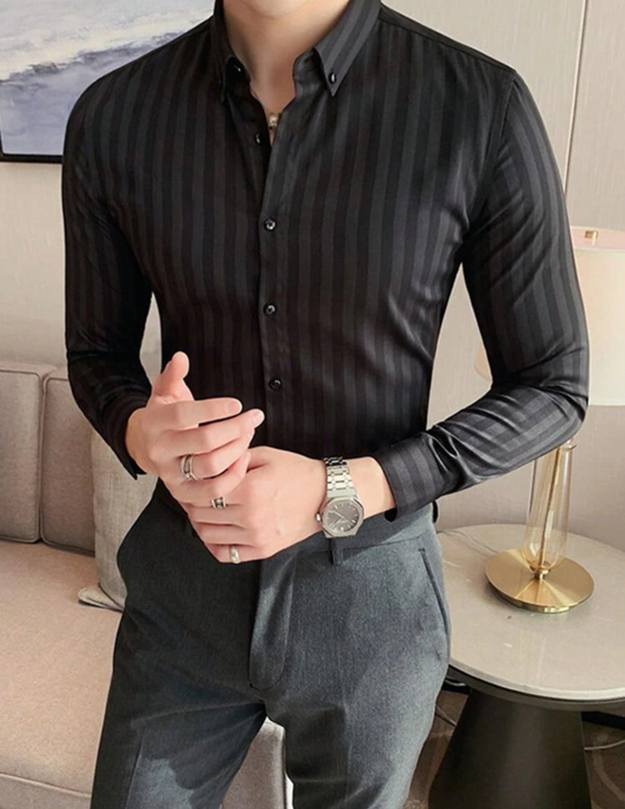 Manfinity Mode Chemise Rayée À Manches Longues Pour Hommes