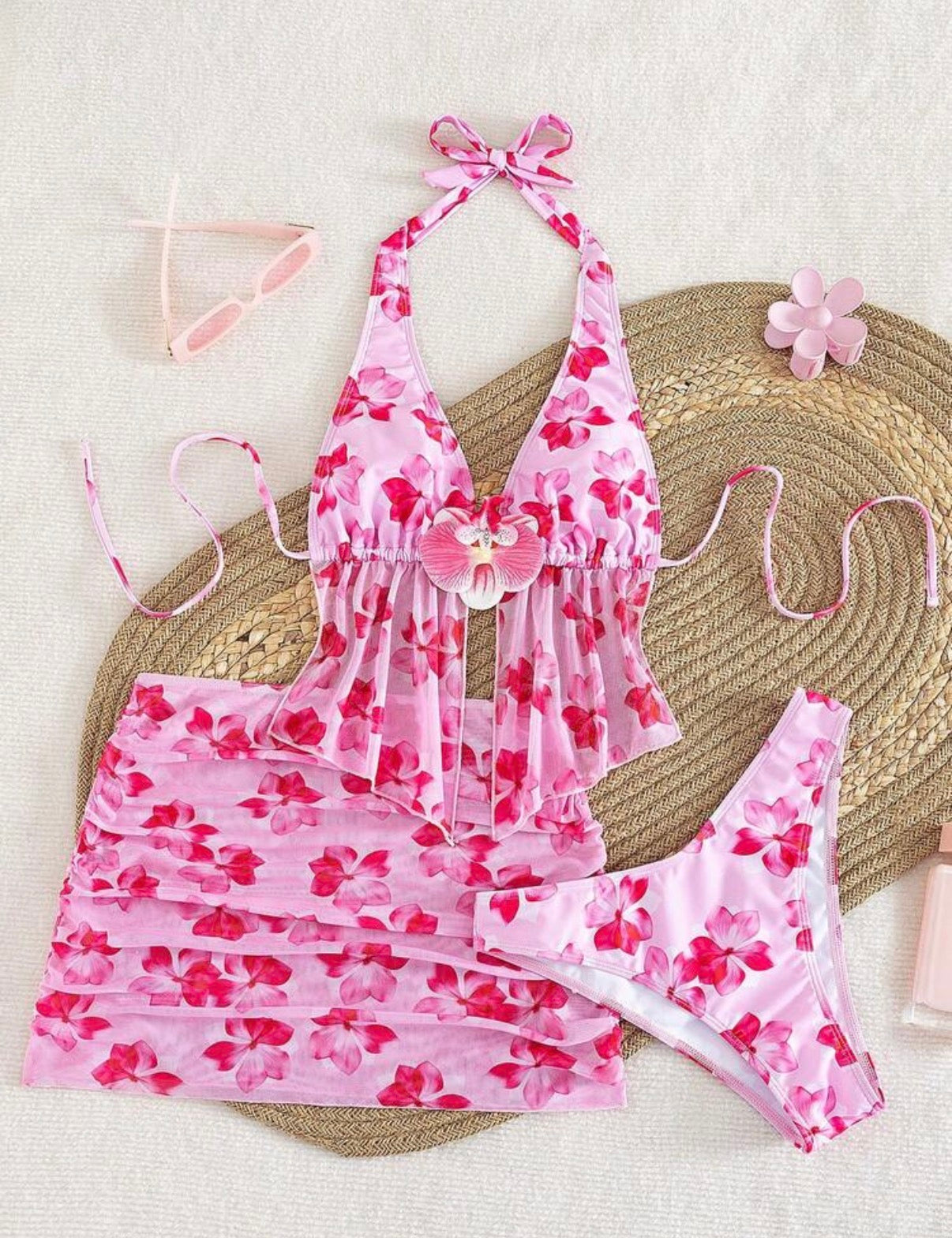Ensemble Maillot de Bain 3 Pièces Floral & Voile de Plage