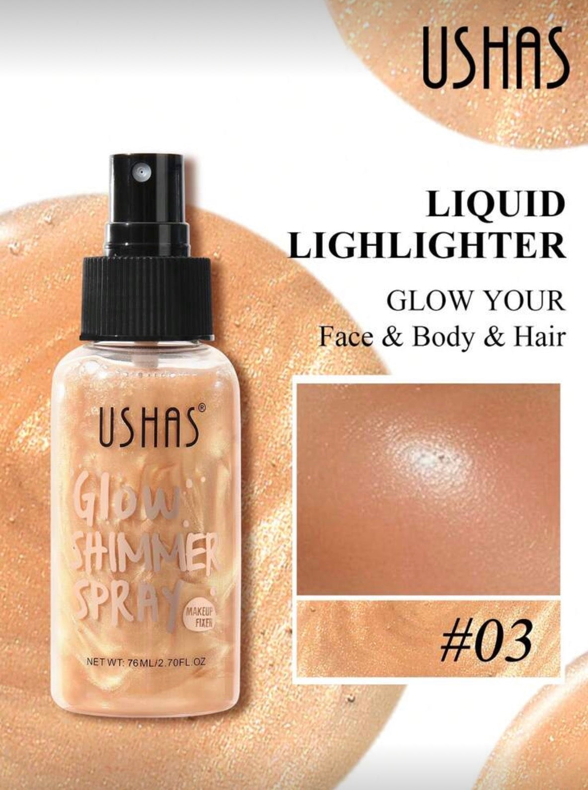 Ushas Glow Shimmer Spray – Brume Illuminatrice Visage, Corps & Cheveux (76ml)