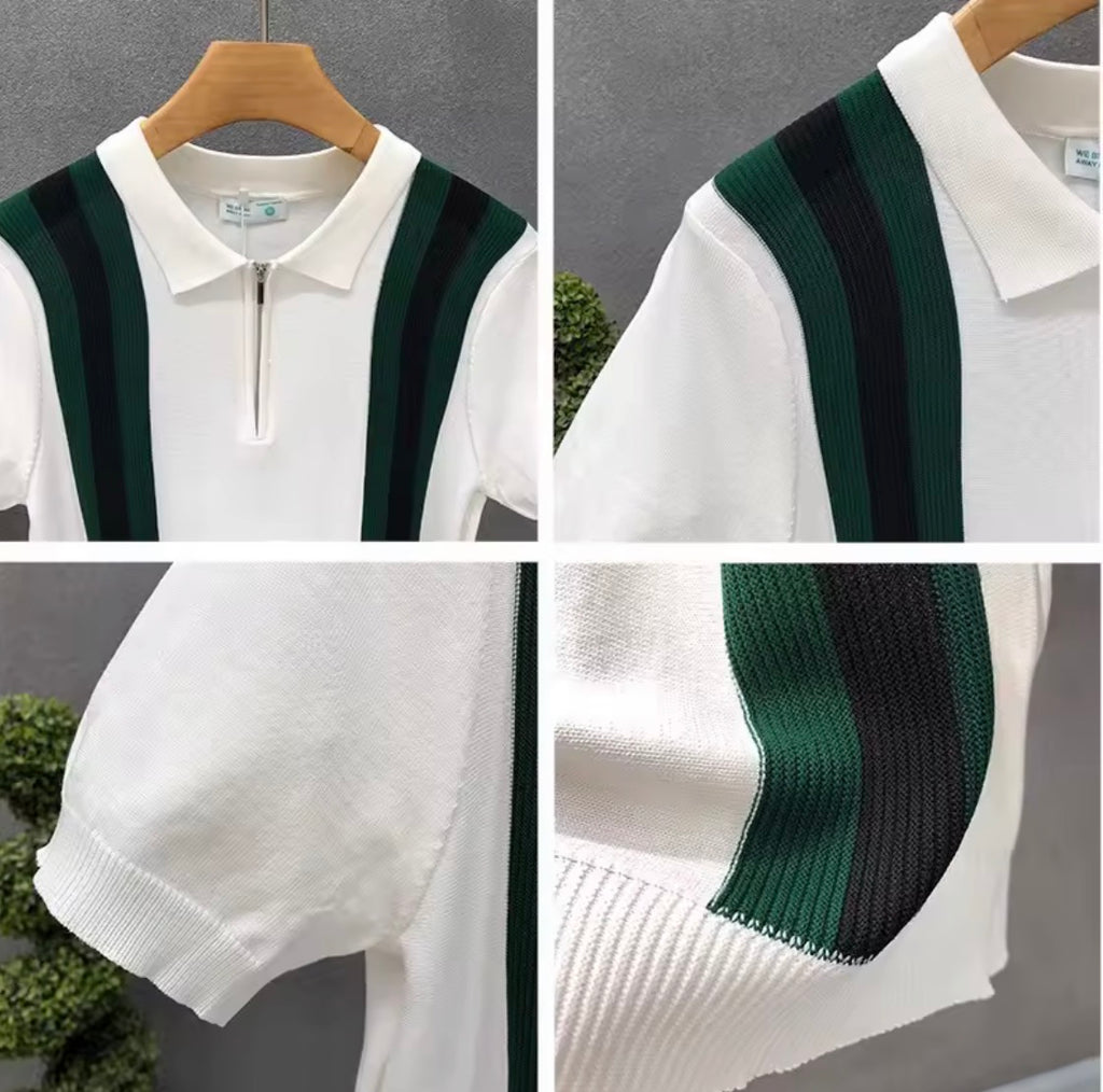 Men's Striped Knit Zip Polo Shirt