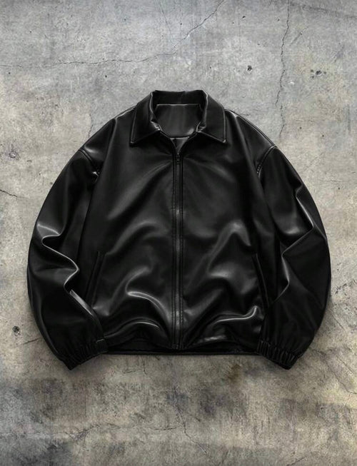 Veste Harrington Oversize en Cuir Vegan – Noir Mat