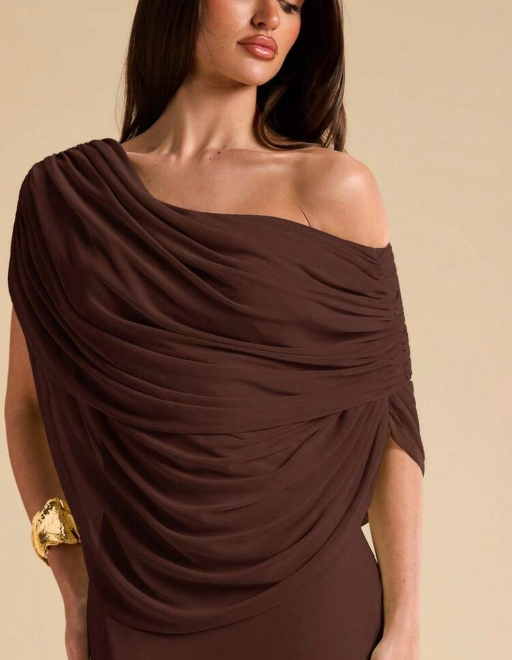 Chocolate Draped One-Shoulder Maxi Dress