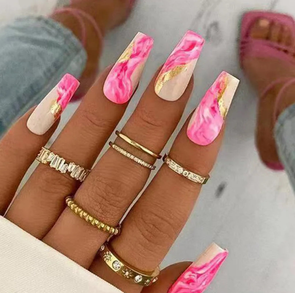 24 Pink Glitter False Nails
