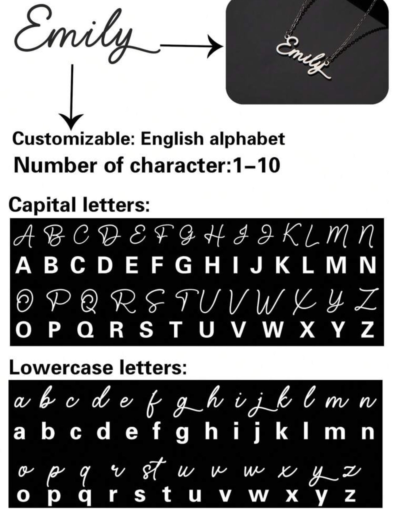 Collier en acier inoxydable avec nom personnalisé, police de l'alphabet anglais