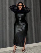 Plus Size Pu Leather Dress Split Hem Long Sleeve Mesh Top