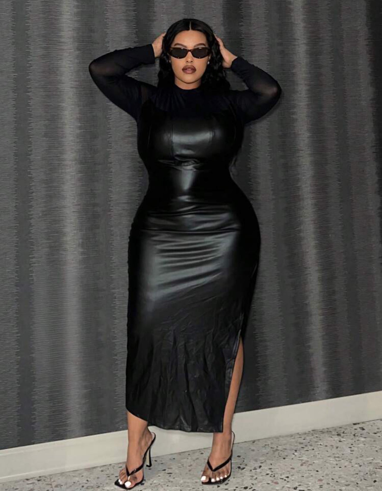 Plus Size Pu Leather Dress Split Hem Long Sleeve Mesh Top