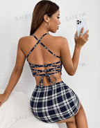 Ensemble Deux Pièces Haut À Bretelles Croisées Sans Dossier À Carreaux Et Jupe