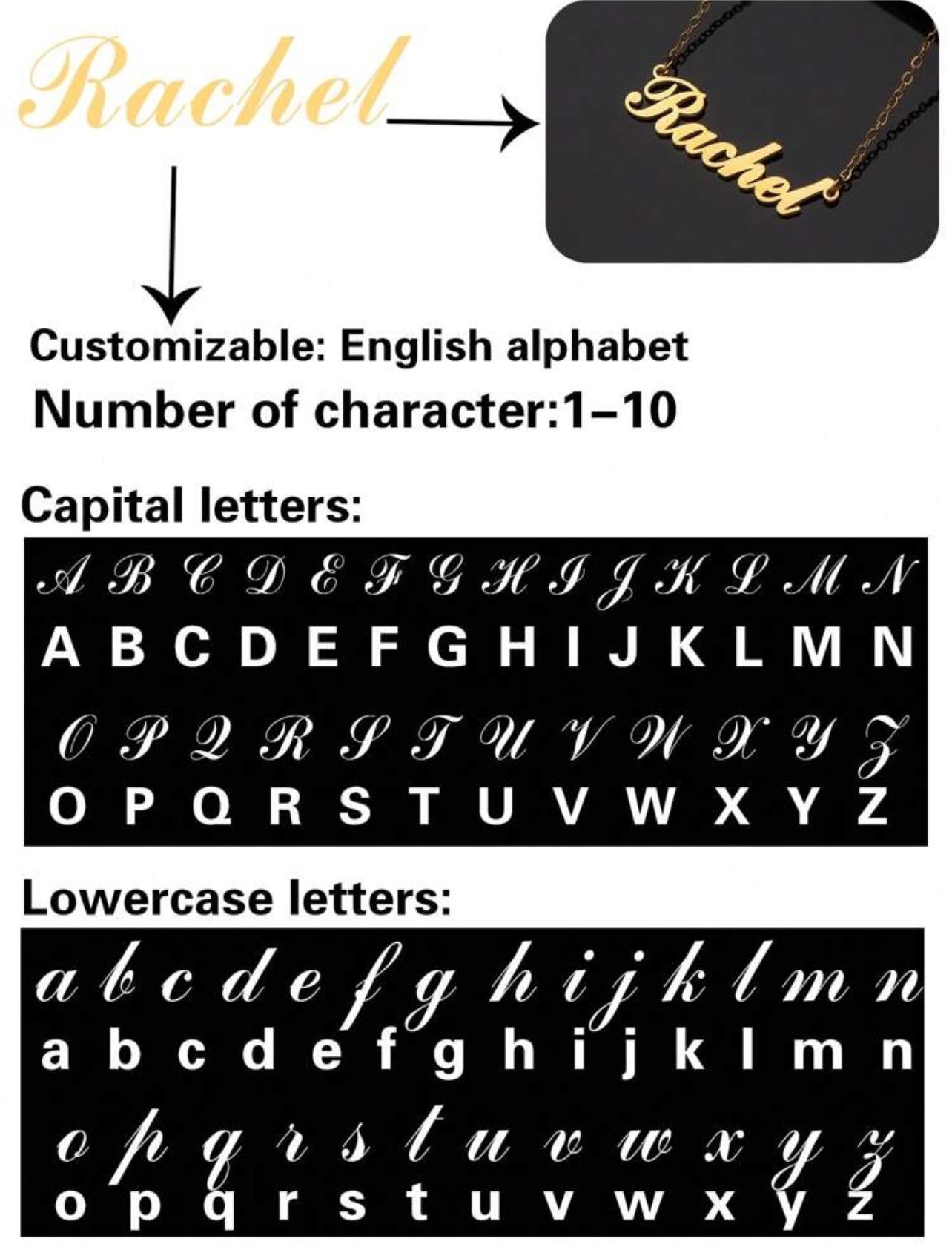 Collier en acier inoxydable avec nom personnalisé, police de l'alphabet anglais