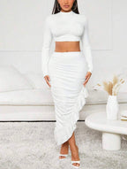 Ensemble 2 pièces pour femmes, haut court blanc et jupe à ourlet irrégulier, Style anniversaire/saint-valentin, avec ourlet à volants