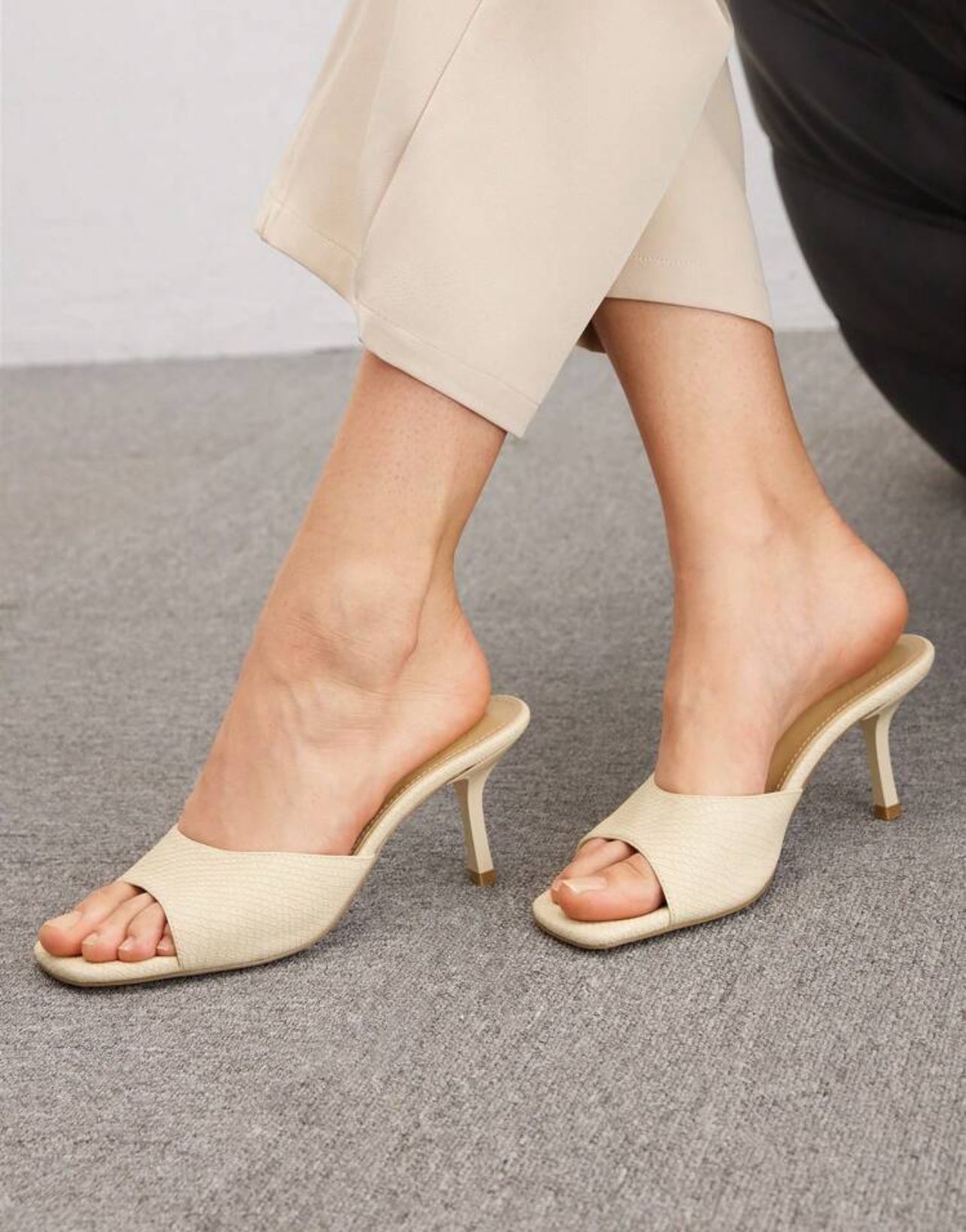 Elegant Beige Faux Leather Mules with Mid Heel