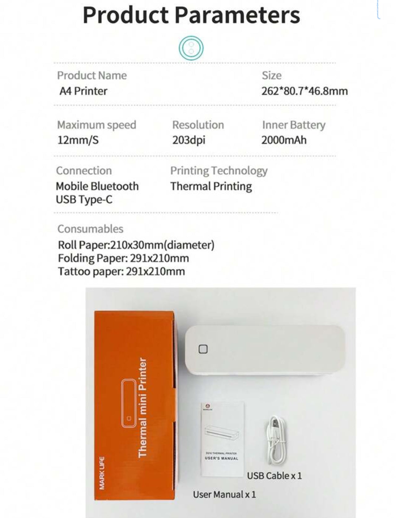 Imprimante Thermique Portable Sans Fil A4