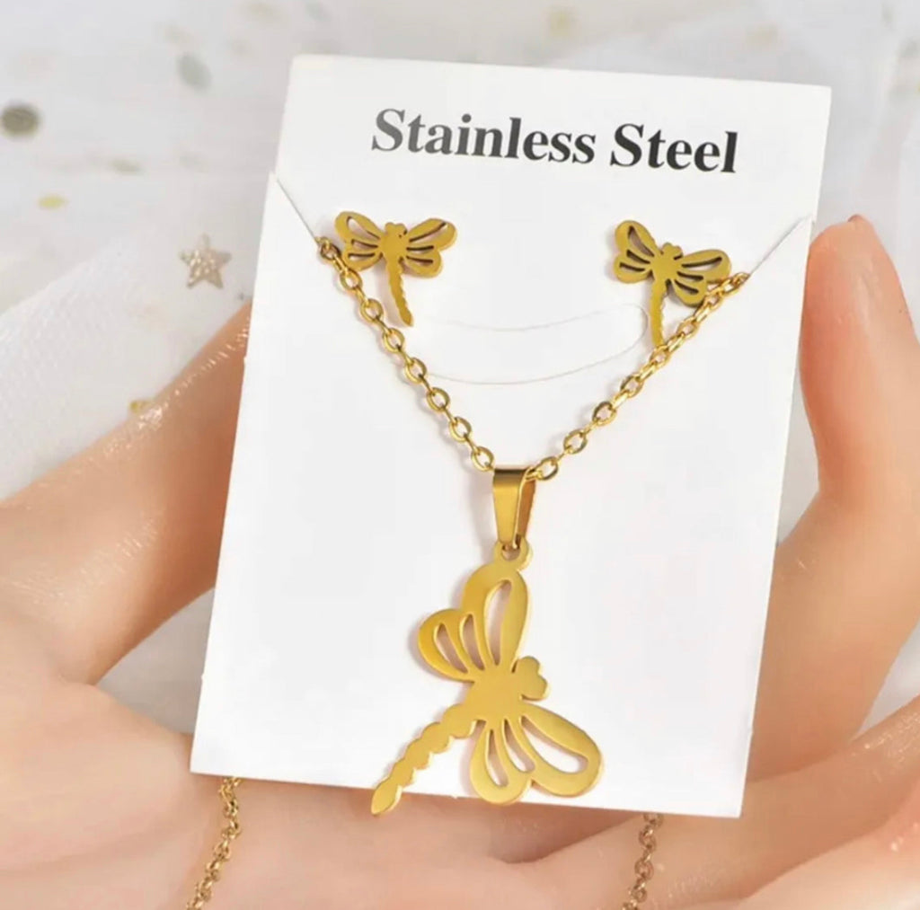 Floral Grace – Stainless Steel Dragonfly Jewelry Set