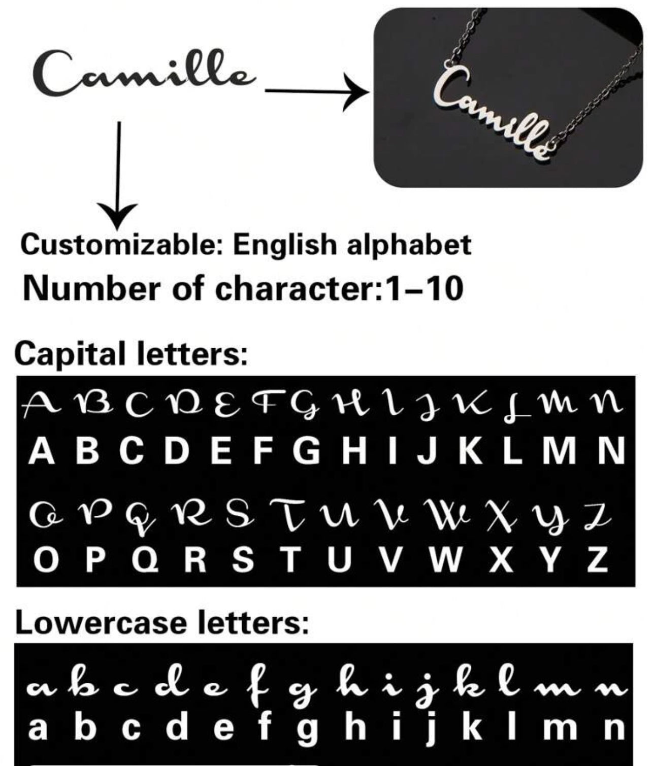 Collier en acier inoxydable avec nom personnalisé, police de l'alphabet anglais