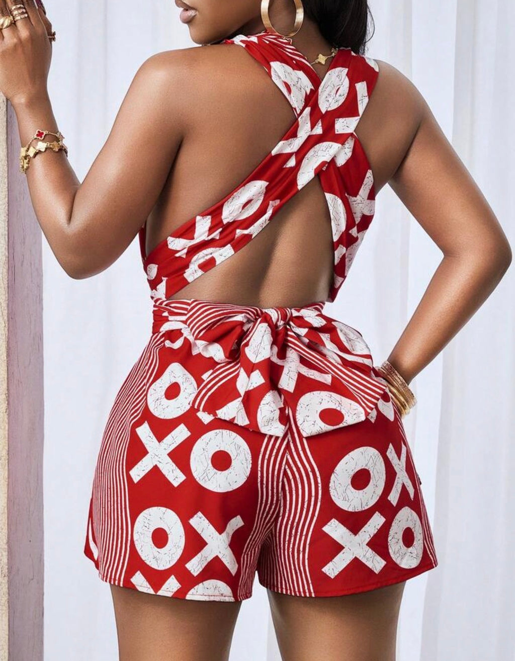 Combishort Dos Nu à Imprimé "XO" – Rouge et Blanc Éclatant