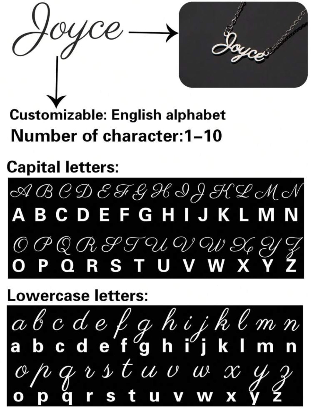 Collier en acier inoxydable avec nom personnalisé, police de l'alphabet anglais