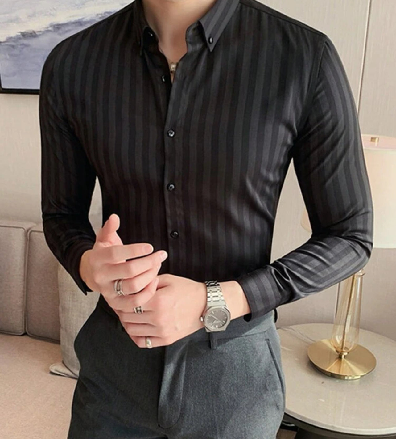 Manfinity Mode Chemise Rayée À Manches Longues Pour Hommes