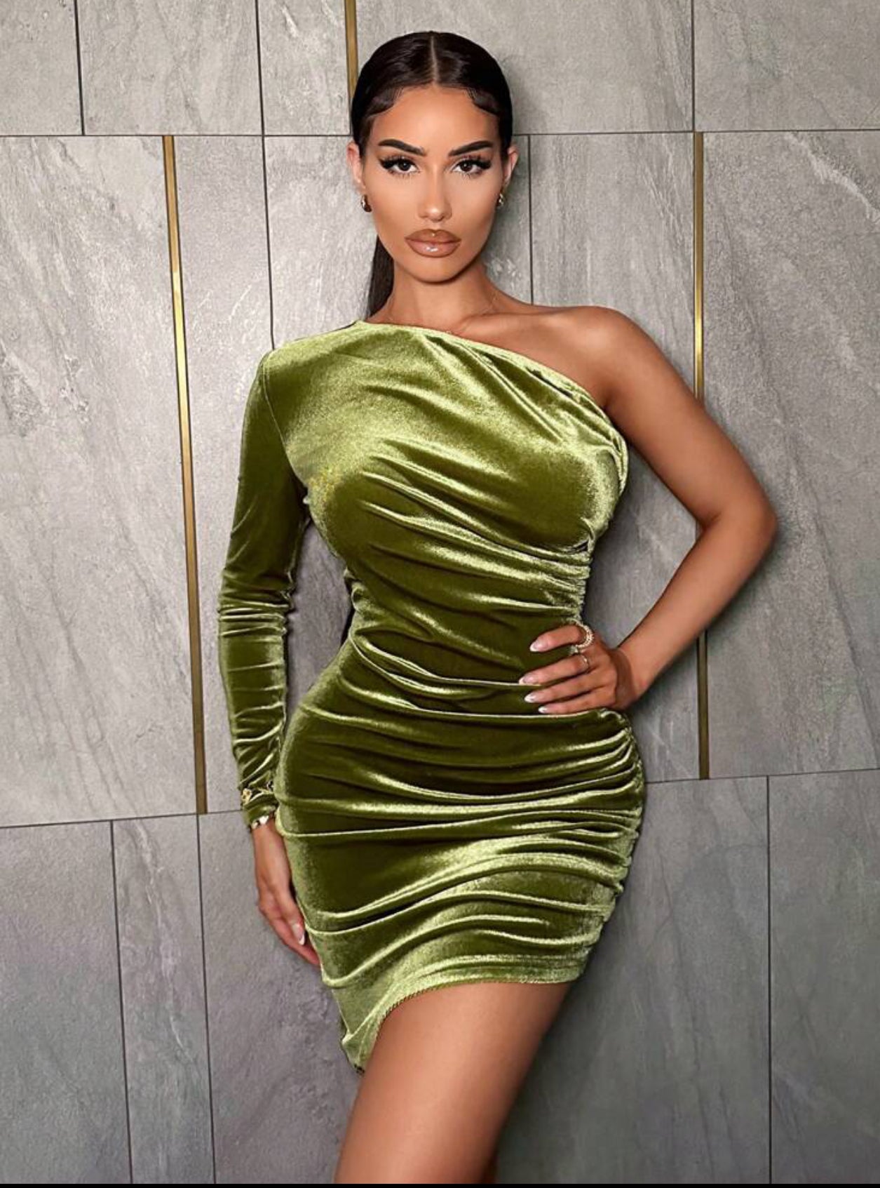 Green Sexy Warm Velvet Winter Dress, Ruched One Shoulder Women Dress