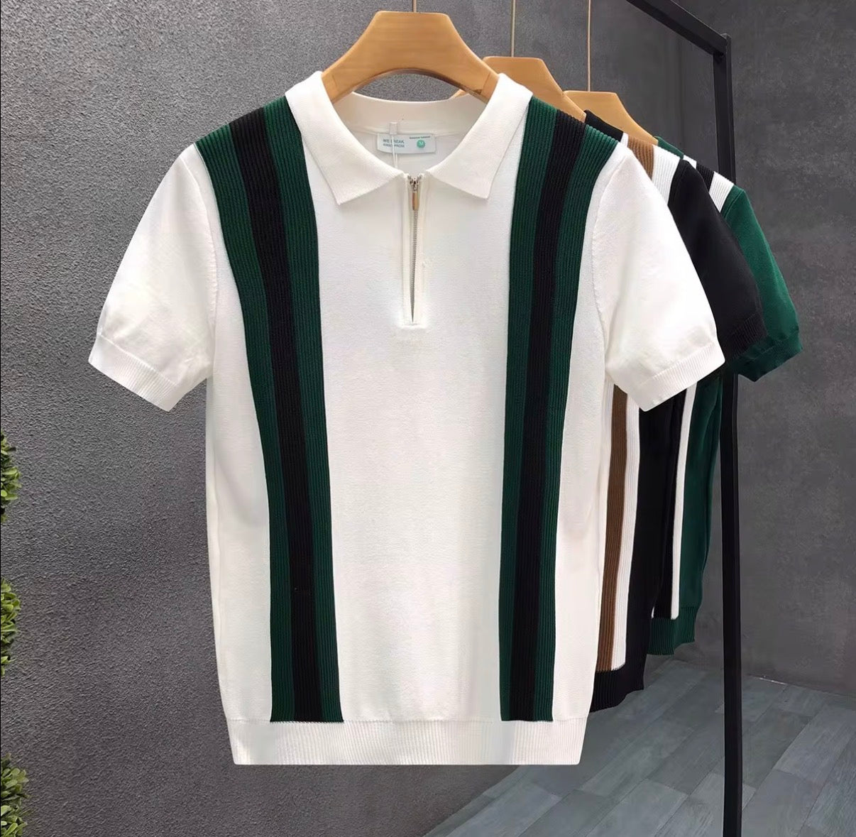 T-shirt Polo Tricoté Rayé Homme – Fermeture Zippée