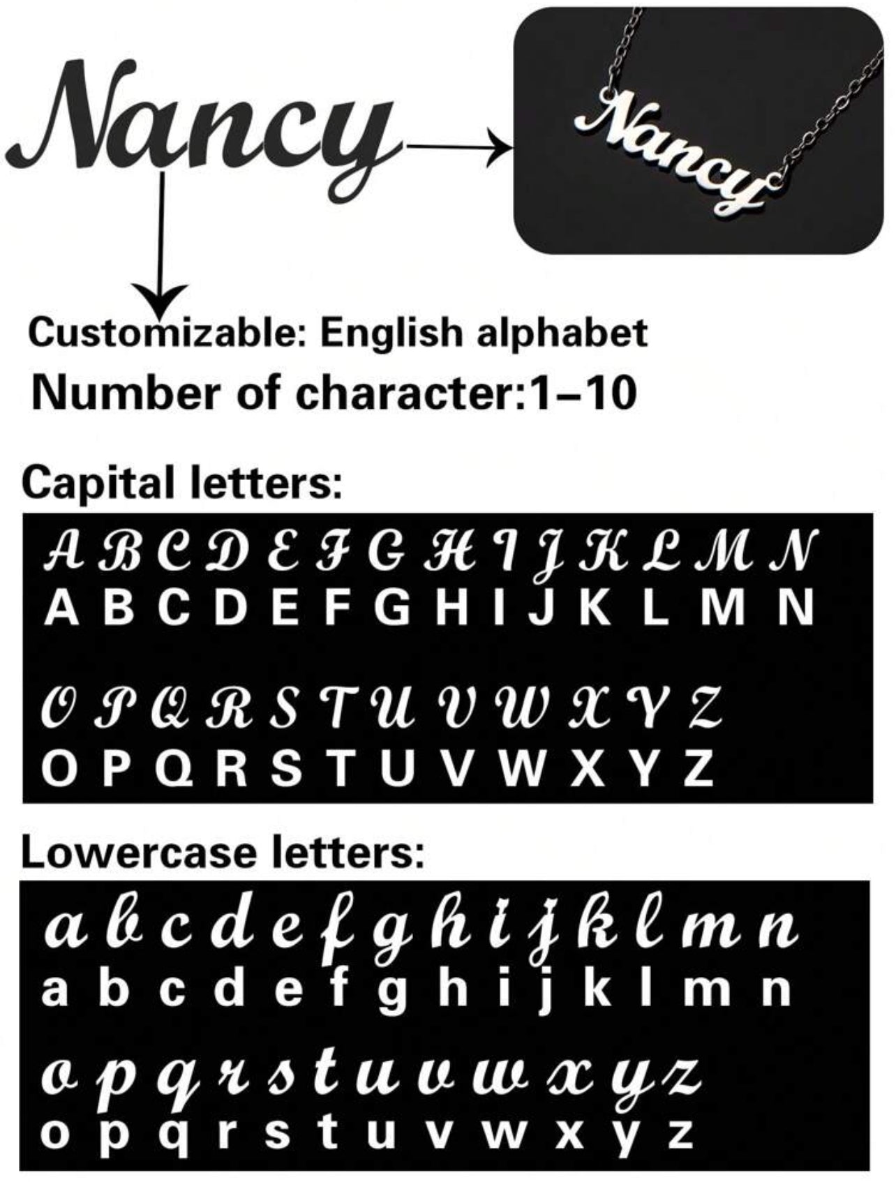 Collier en acier inoxydable avec nom personnalisé, police de l'alphabet anglais