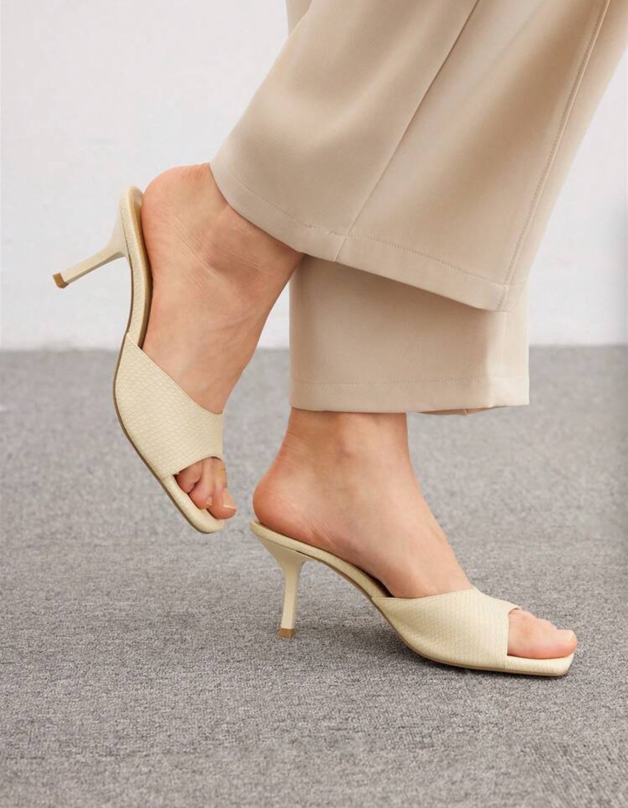 Elegant Beige Faux Leather Mules with Mid Heel