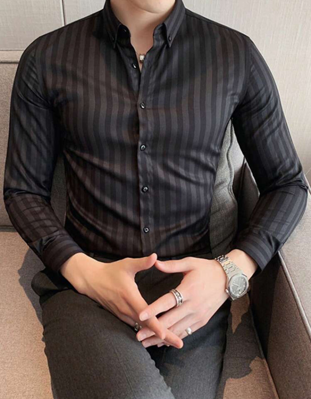 Manfinity Mode Chemise Rayée À Manches Longues Pour Hommes