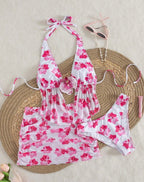 Ensemble Maillot de Bain 3 Pièces Floral & Voile de Plage