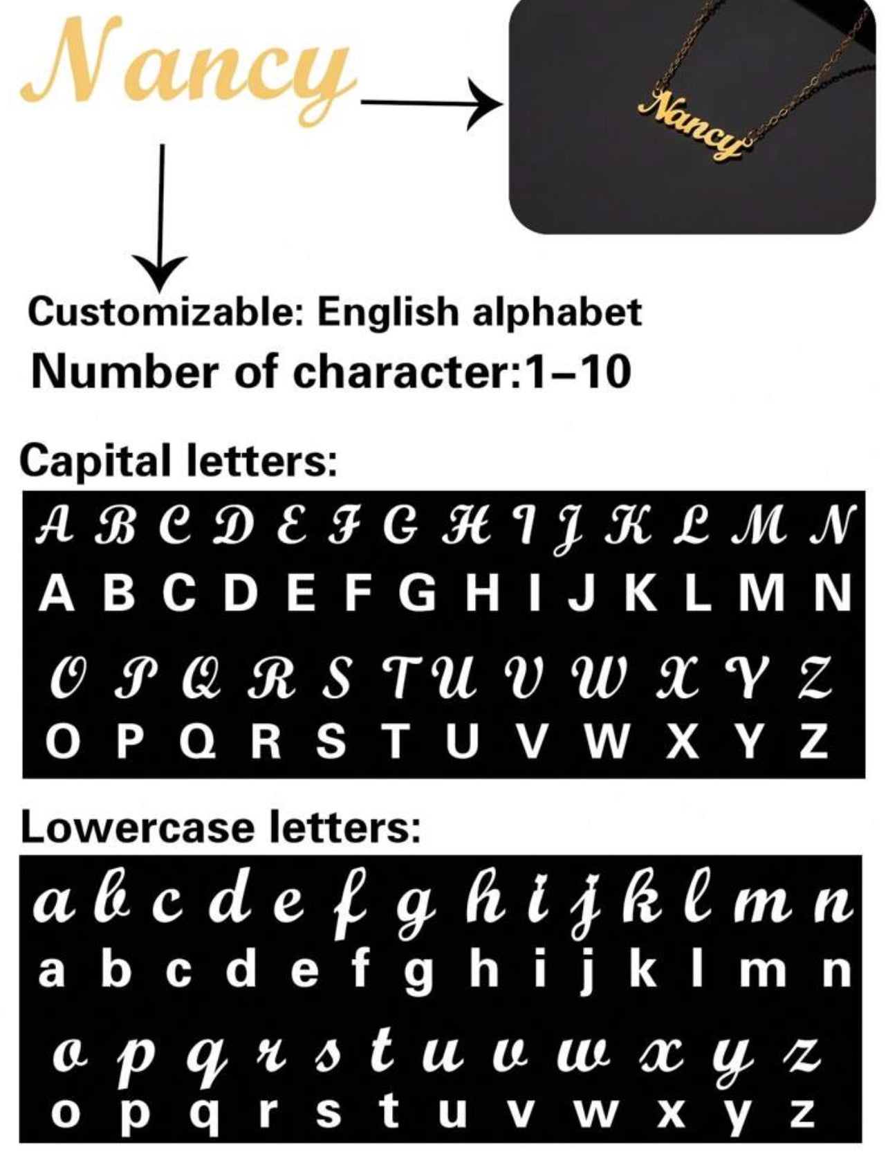 Collier en acier inoxydable avec nom personnalisé, police de l'alphabet anglais