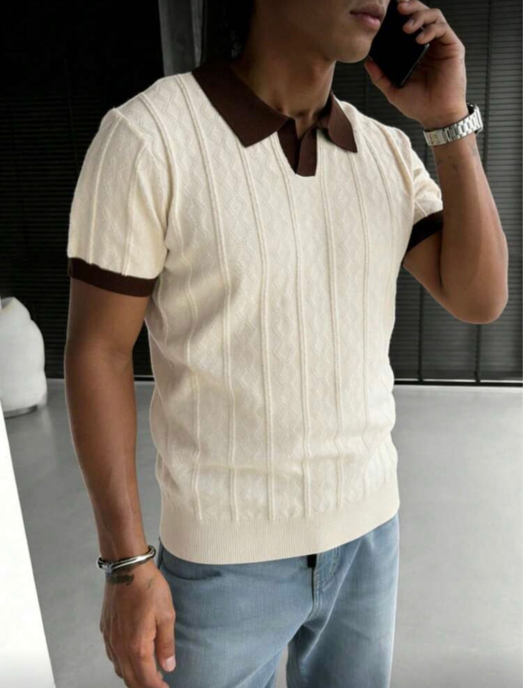 Polo en Maille Torsadée Contrasté – Style Vintage & Élégance Décontractée
