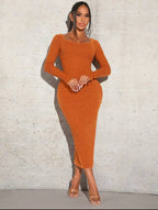 Robe Moulante À Col Rond Solide Shein Sxy À Manches Longues En Tissu Brossé À Rayures Verticales