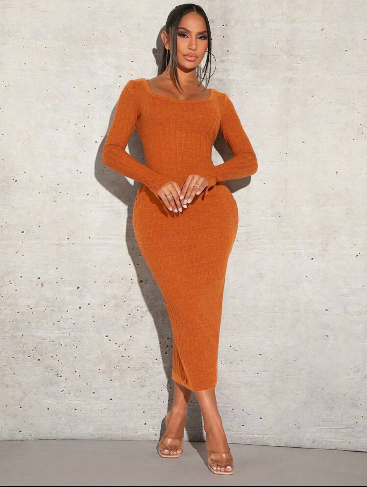 Robe Moulante À Col Rond Solide Shein Sxy À Manches Longues En Tissu Brossé À Rayures Verticales