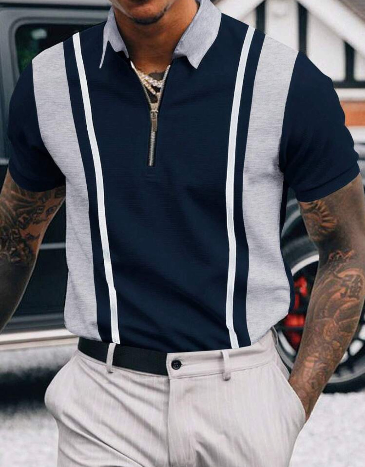 Polo Homme à Fermeture Éclair - T-shirt Décontracté avec Rayures Latérales